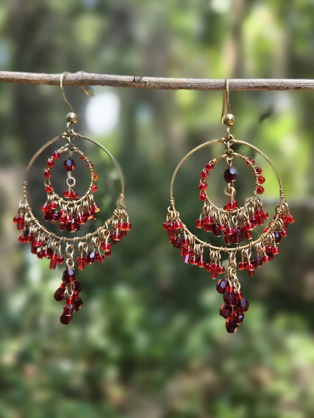 Vintage Gold Tone Hoop Chandelier Earrings with Red Beads